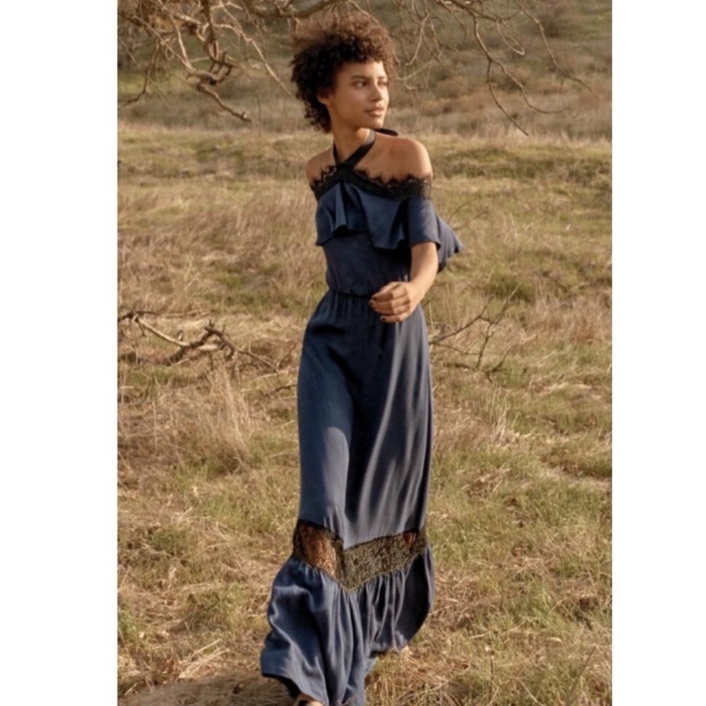 NWT Alice +‎ Olivia Indigo Black Lace Ruffle Maxi Dress Size 0